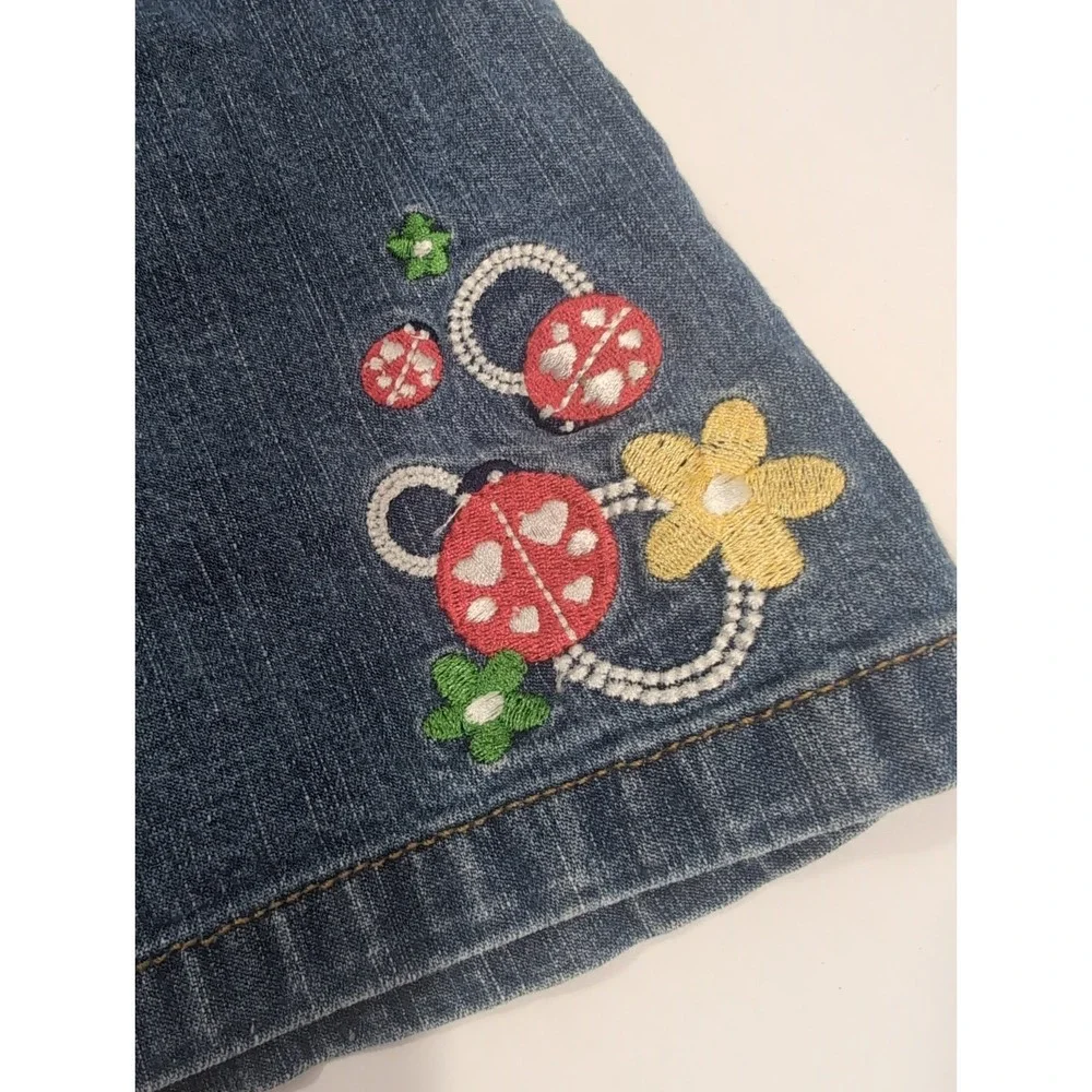 Vintage Y2K Girls Size 12 Mths Denim Blue Jumper Dress Ladybug Floral Embroidery